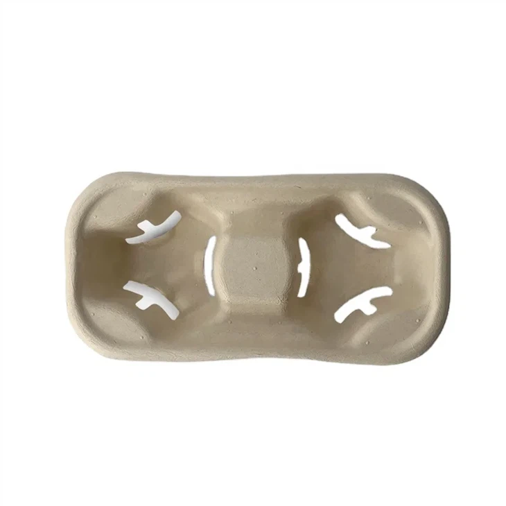 2 Compartments Eco-Friendly Biodegradable Takeaway Disposable Drink Sugarcane Pulp Mould Coffee Cup Holder Saucer Tray