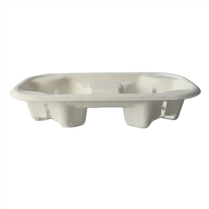 2 Compartments Eco-Friendly Biodegradable Takeaway Disposable Drink Sugarcane Pulp Mould Coffee Cup Holder Saucer Tray