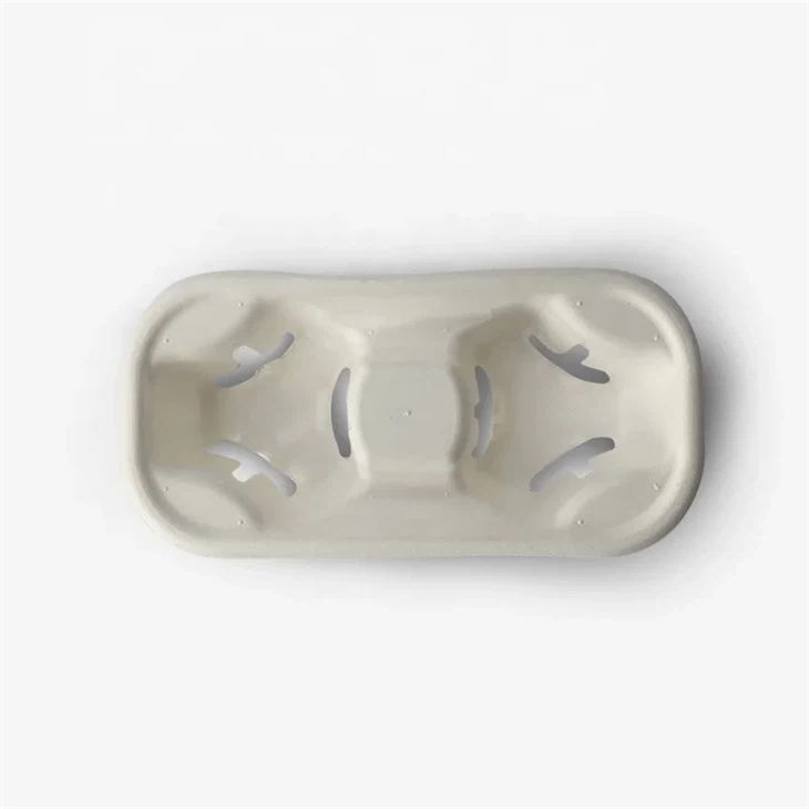 2 Compartments Eco-Friendly Biodegradable Takeaway Disposable Drink Sugarcane Pulp Mould Coffee Cup Holder Saucer Tray